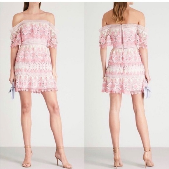 Self-Portrait Dresses & Skirts - NWT Self-Portrait Dress Stripe Guipure Off-The-Shoulder Mini in Pink